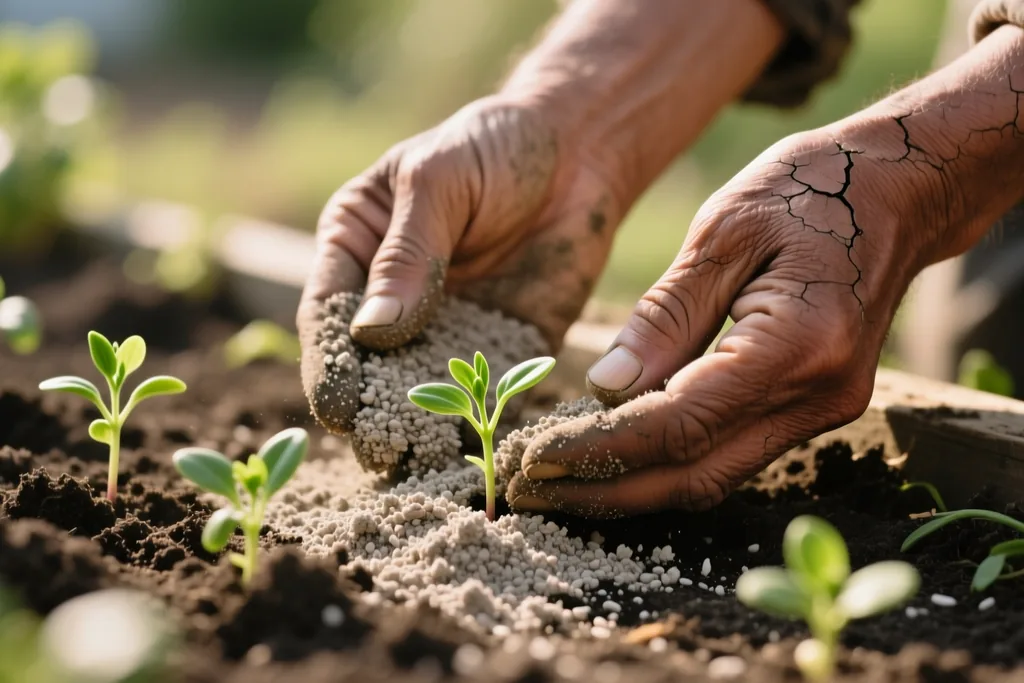 Caracoles sobre la tierra junto a las plantas del huerto
