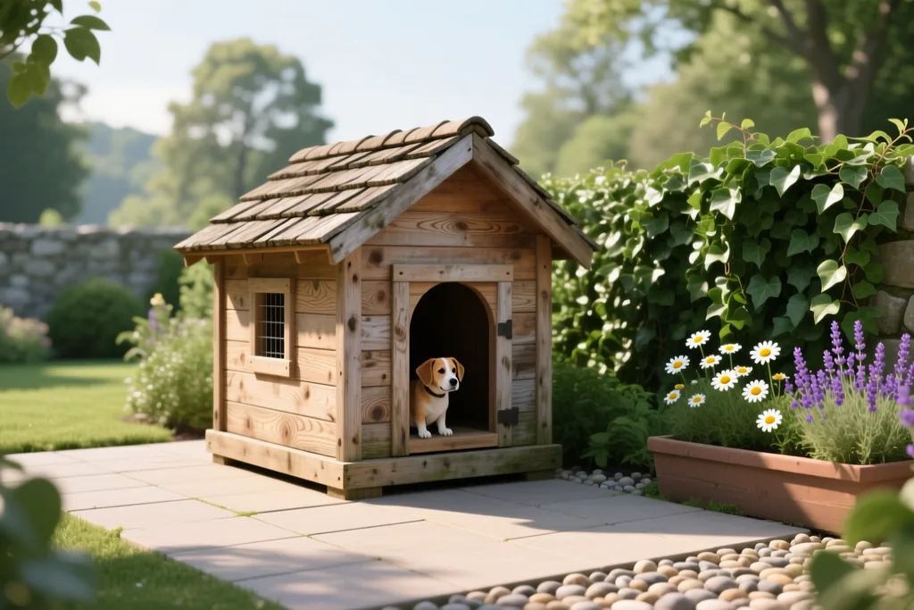 Interior de una caseta para perro con techo abatible