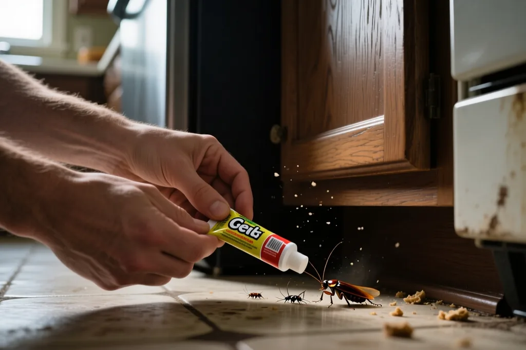 Cucaracha junto a una tubería en la pared de la cocina
