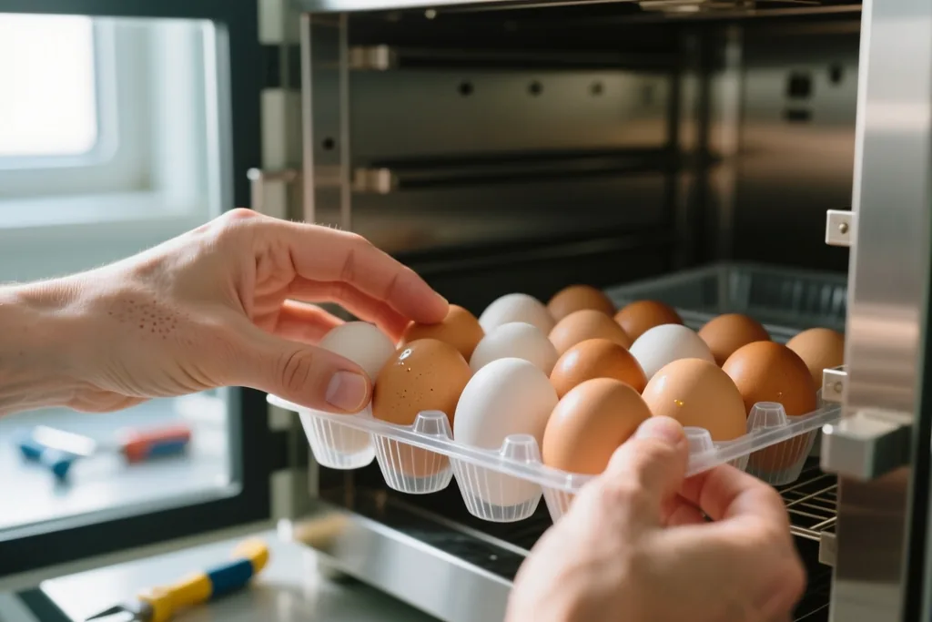 Incubadora automática con pantalla digital y huevos en la bandeja