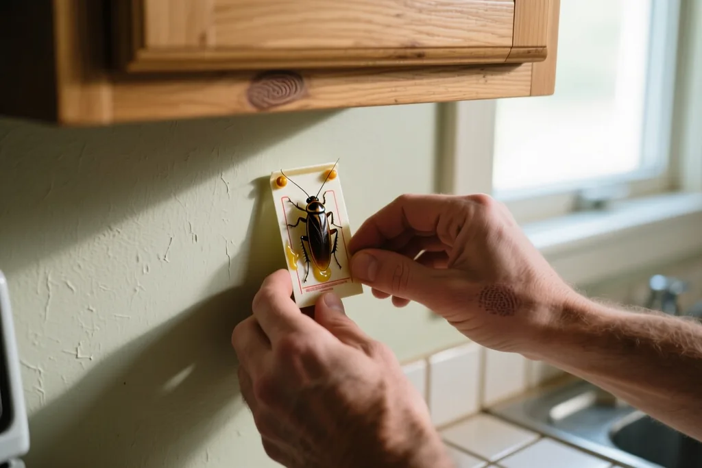 Trampa adhesiva plana colocada bajo un mueble